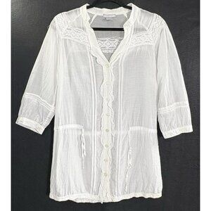 LILLY LOU Women Silk Blend Top Button Front Lace 3/4 Sleeve Sz M White 71-3